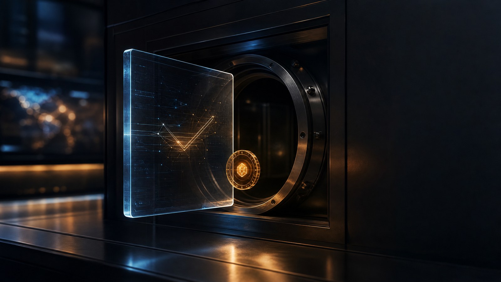 Conceptual editorial illustration of an unsigned digital approval held at the threshold of a secure vault.