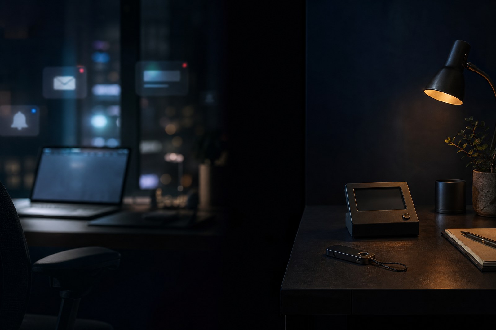 Conceptual editorial image of a controlled signing boundary separating a connected daily computer from an offline signing terminal.