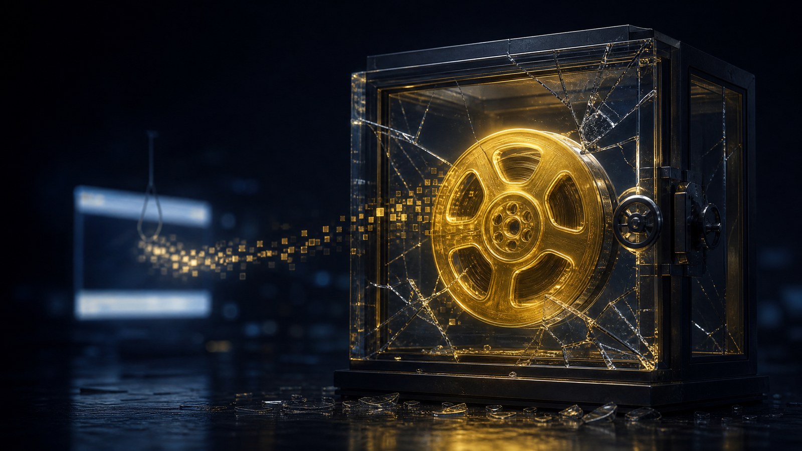 Conceptual editorial illustration of a digital film reel inside a fractured vault.